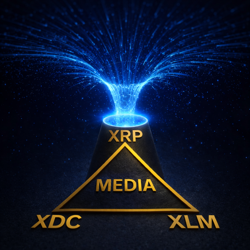 Blue black hole portal teleporting XRP into a gold triangle token economy, with gold XRP symbols surrounding the structure and media at the center.